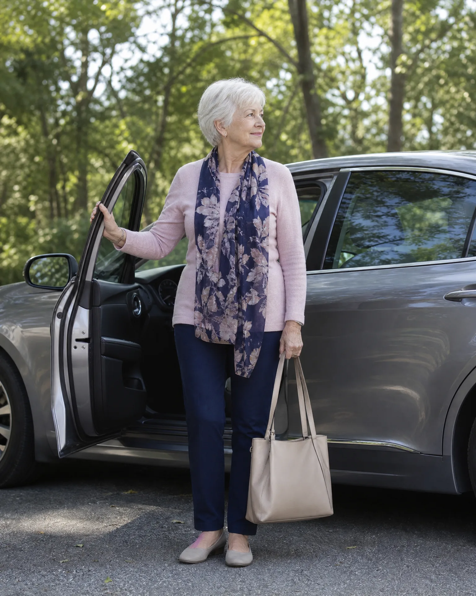An older woman with short white hair, wearing a pink cardigan, floral scarf and navy trousers, stands holding a beige tote bag beside the open driver's door of a gray car on pavement with green trees behind.