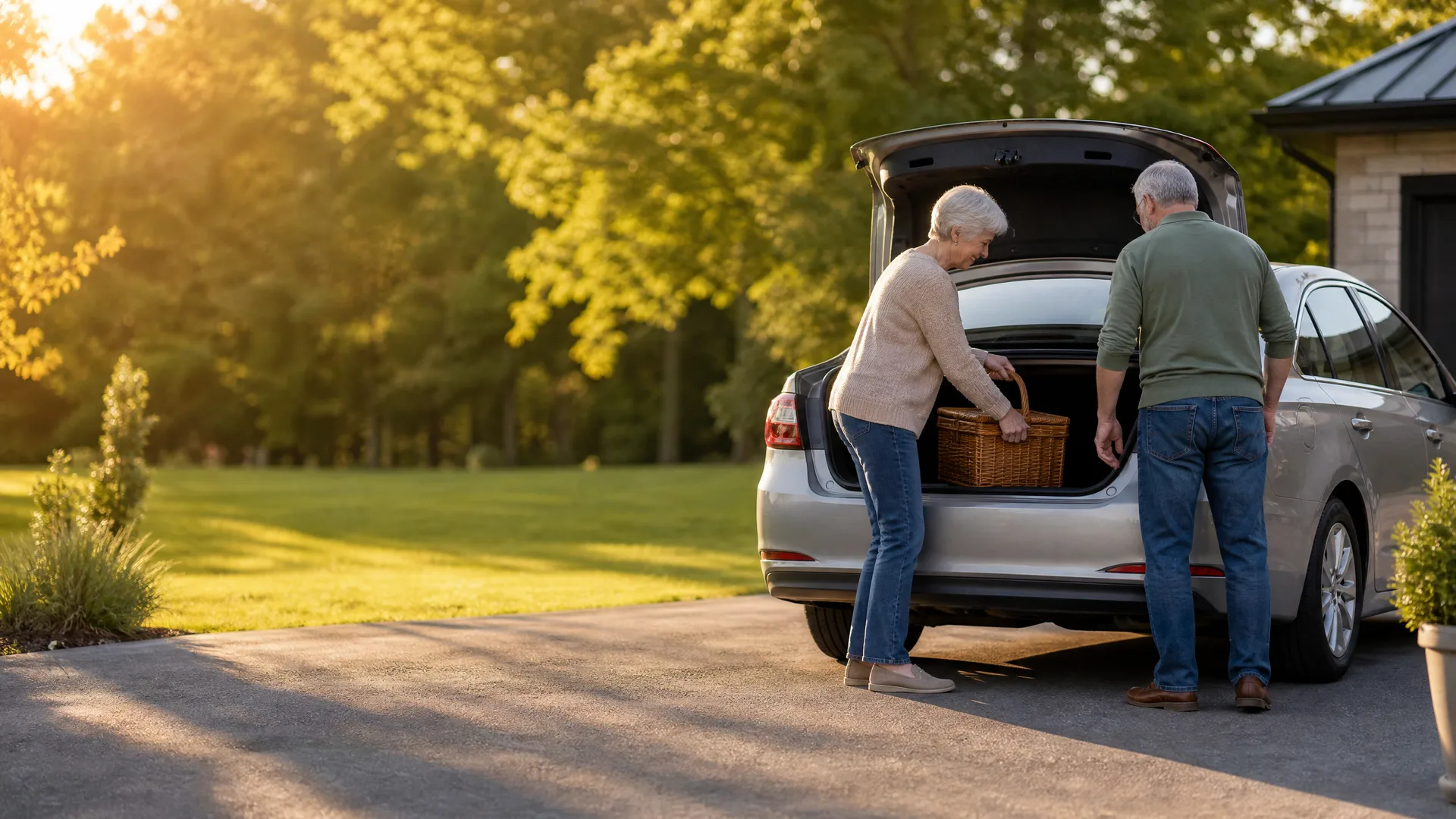 An older woman holding a wicker picnic basket and an older man stand at the open rear hatch of a silver station wagon in a paved driveway, with sunlit trees and lawn behind.