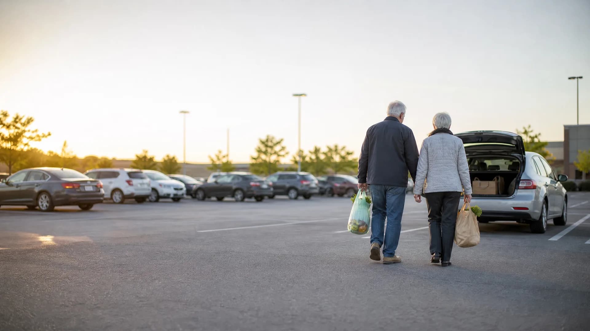 An older man and woman carrying grocery bags walk away from the camera across a parking lot toward a silver station wagon with its tailgate open, with parked cars and light poles in the background at dusk.