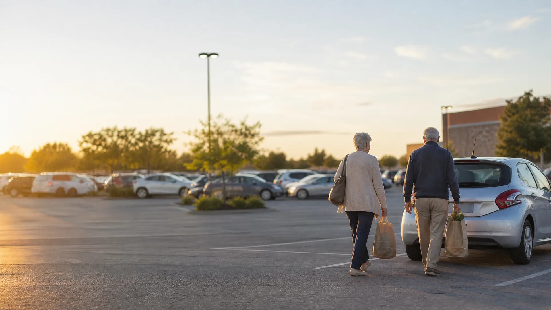 An older man and woman carrying shopping bags walk across a parking lot toward a silver hatchback car at sunset, with rows of parked vehicles, trees and a light pole in the background.