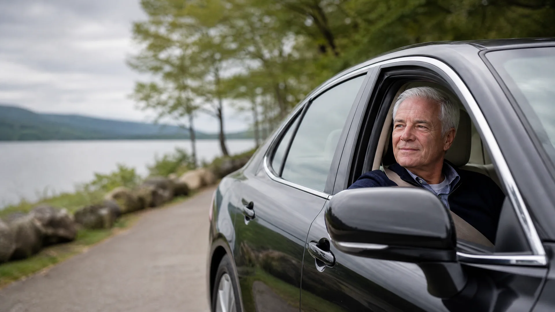An older man with gray hair sits in the driver's seat of a dark car with the window down, looking off to the side, on a paved road beside a lake with trees and low hills in the background under an overcast sky.