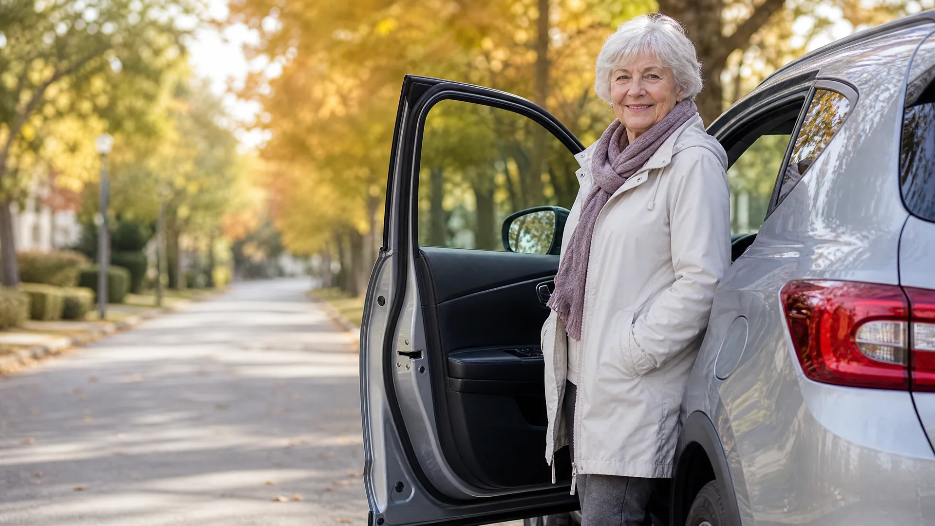 An older woman with white hair, wearing a cream coat and mauve scarf, stands beside the open driver's door of a silver car on a tree-lined street with autumn foliage.