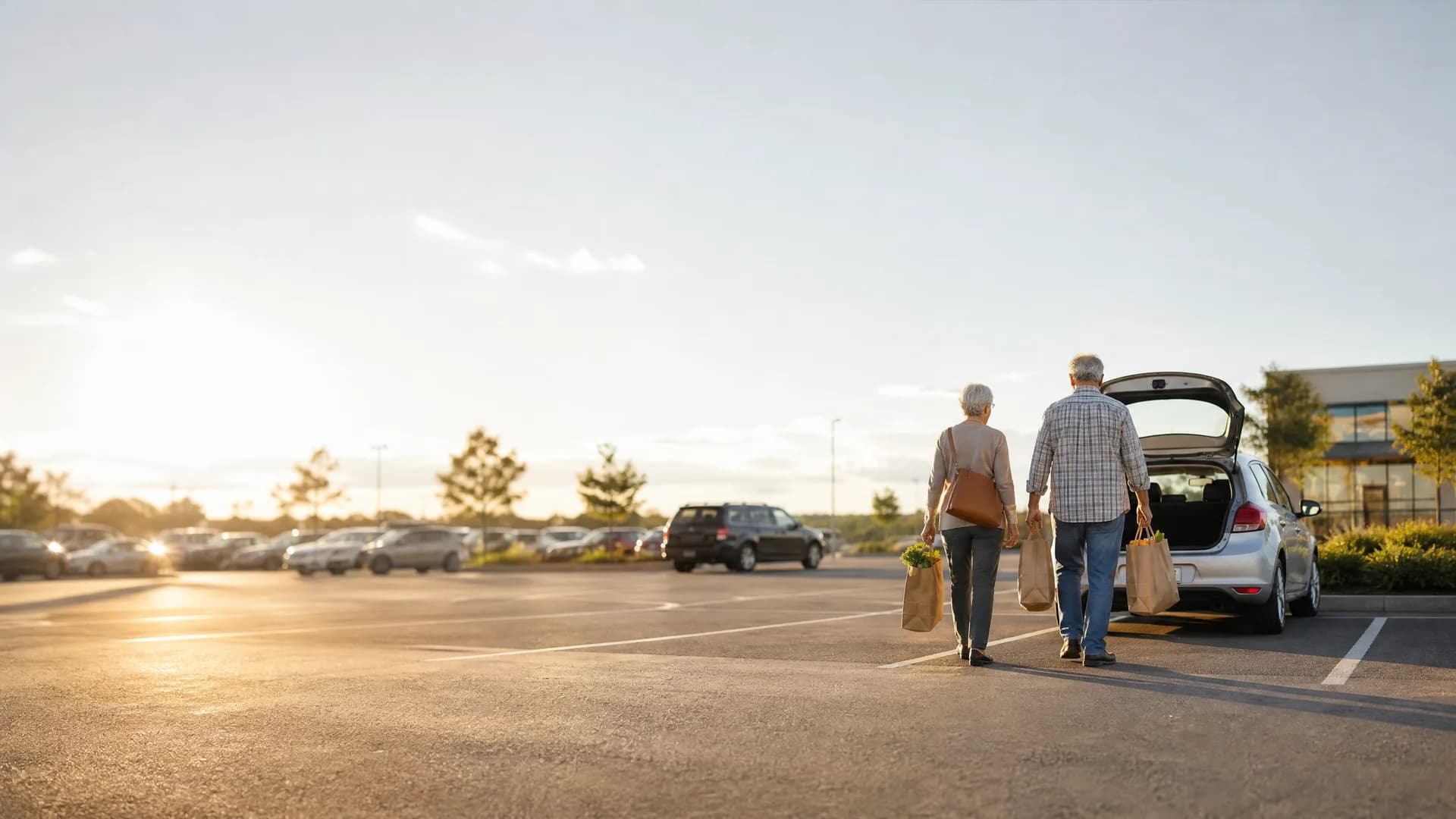 A man and a woman carrying paper grocery bags walk away from the camera across a parking lot toward a silver hatchback with its rear hatch open, with low sun and parked cars in the background.