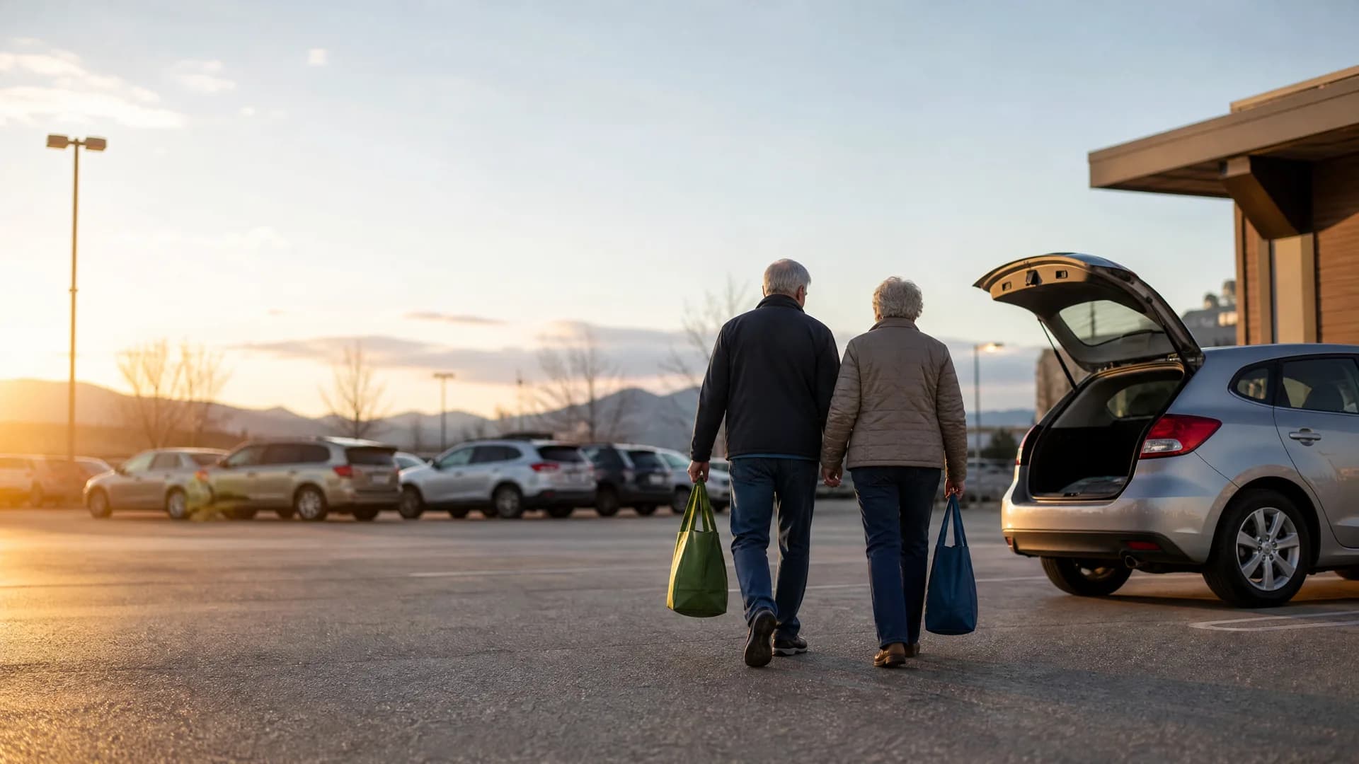 Two older adults carrying green and blue shopping bags walk away from the camera across a parking lot toward a silver hatchback with its rear hatch open, with parked cars, a wood-clad building and distant mountains at sunset.