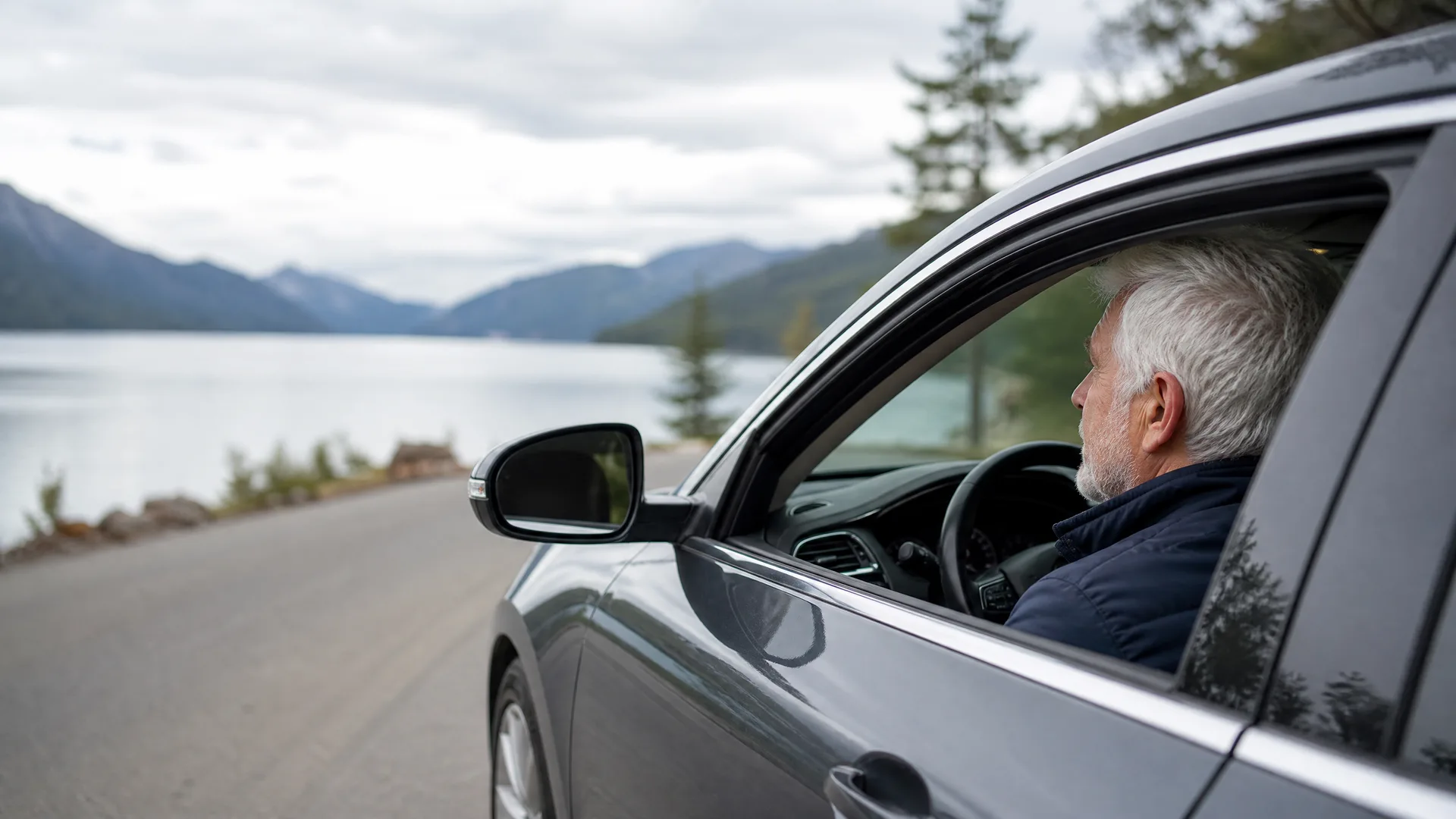 A gray-haired man sits in the driver's seat of a dark car parked on a roadside, with a lake, conifers and mountains under an overcast sky behind him.