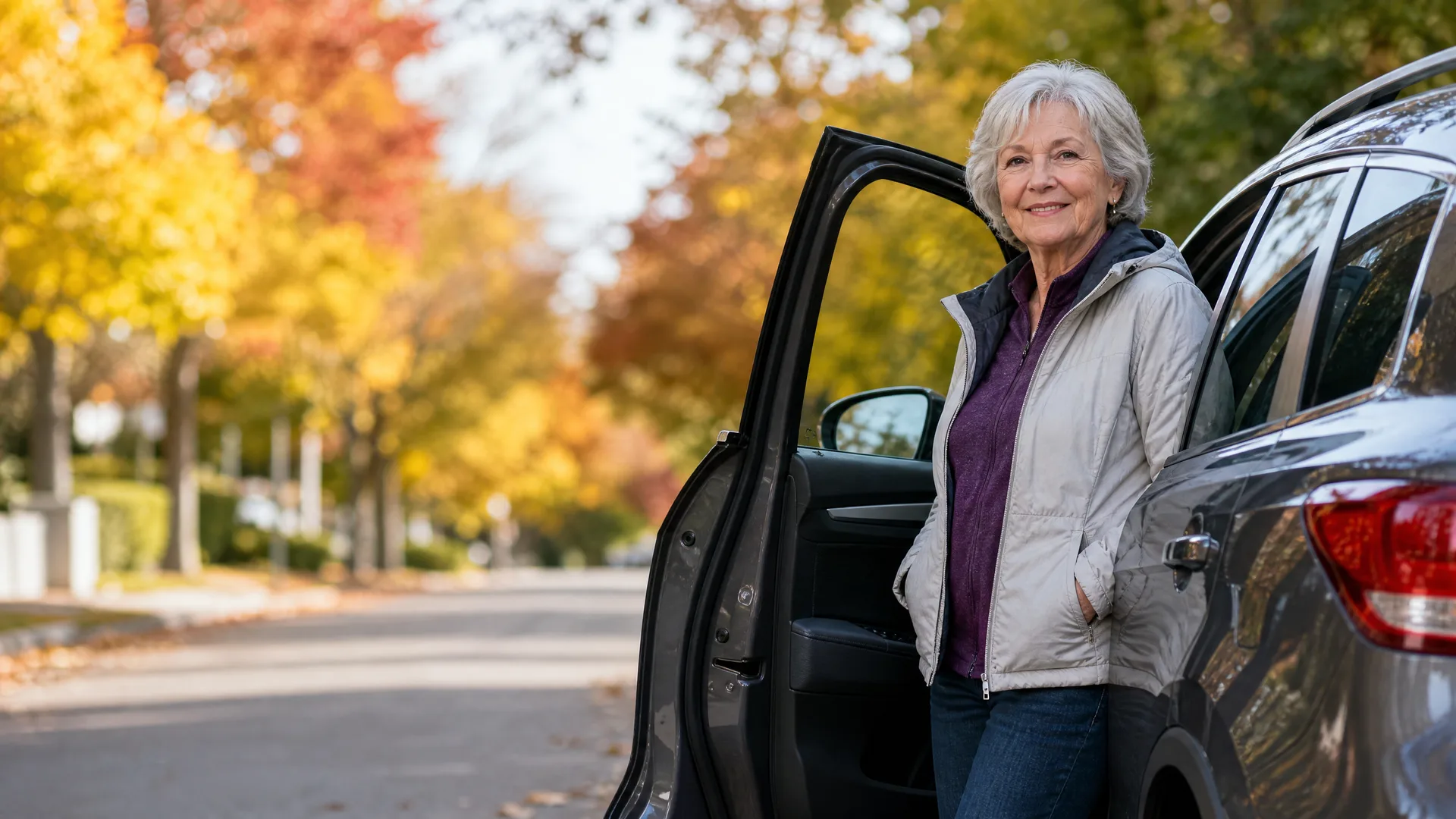 An older woman with short white hair in a light jacket stands beside the open rear door of a dark SUV on a tree-lined street with autumn foliage.