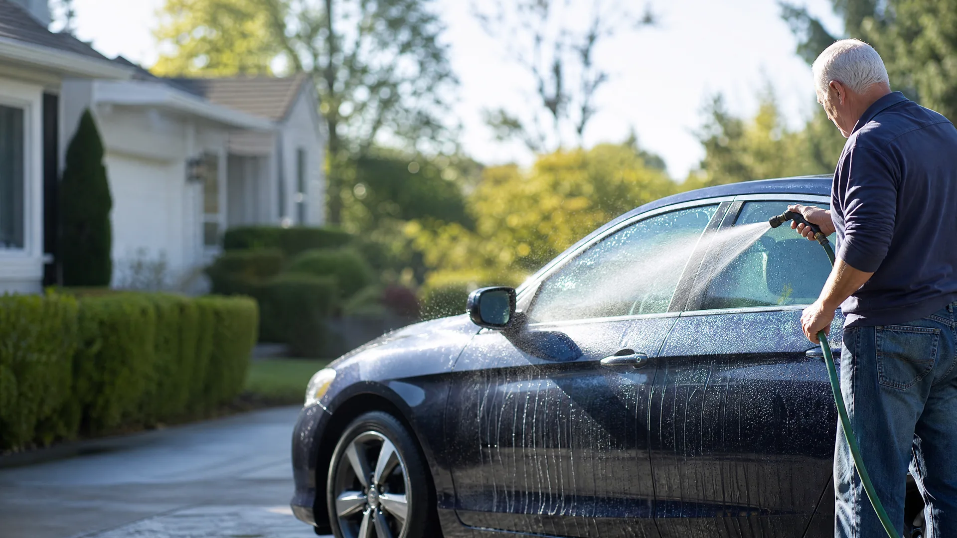 A man in a dark long-sleeved shirt and jeans sprays water from a hose onto a dark sedan parked on a driveway beside a light-colored house and trimmed hedges.