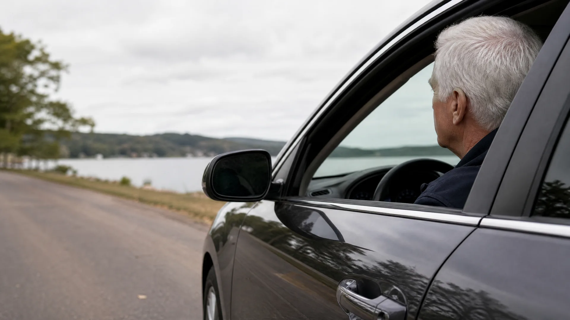 A white-haired man sits in the driver's seat of a dark car parked on a roadside, with a lake, low hills and overcast sky in the background.
