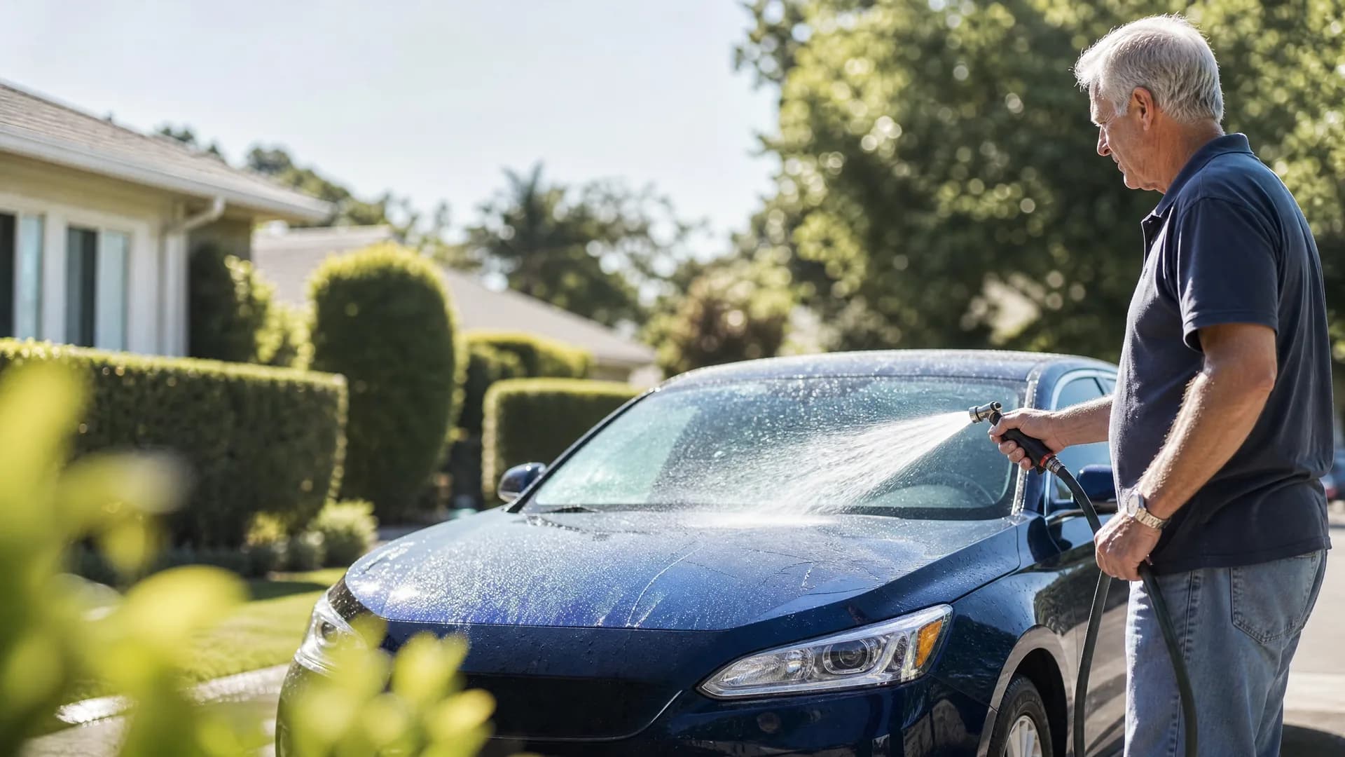 An older man in a dark polo shirt sprays water from a hose nozzle onto the windshield of a dark blue car parked in a driveway, with a single-story house and hedges in the background.