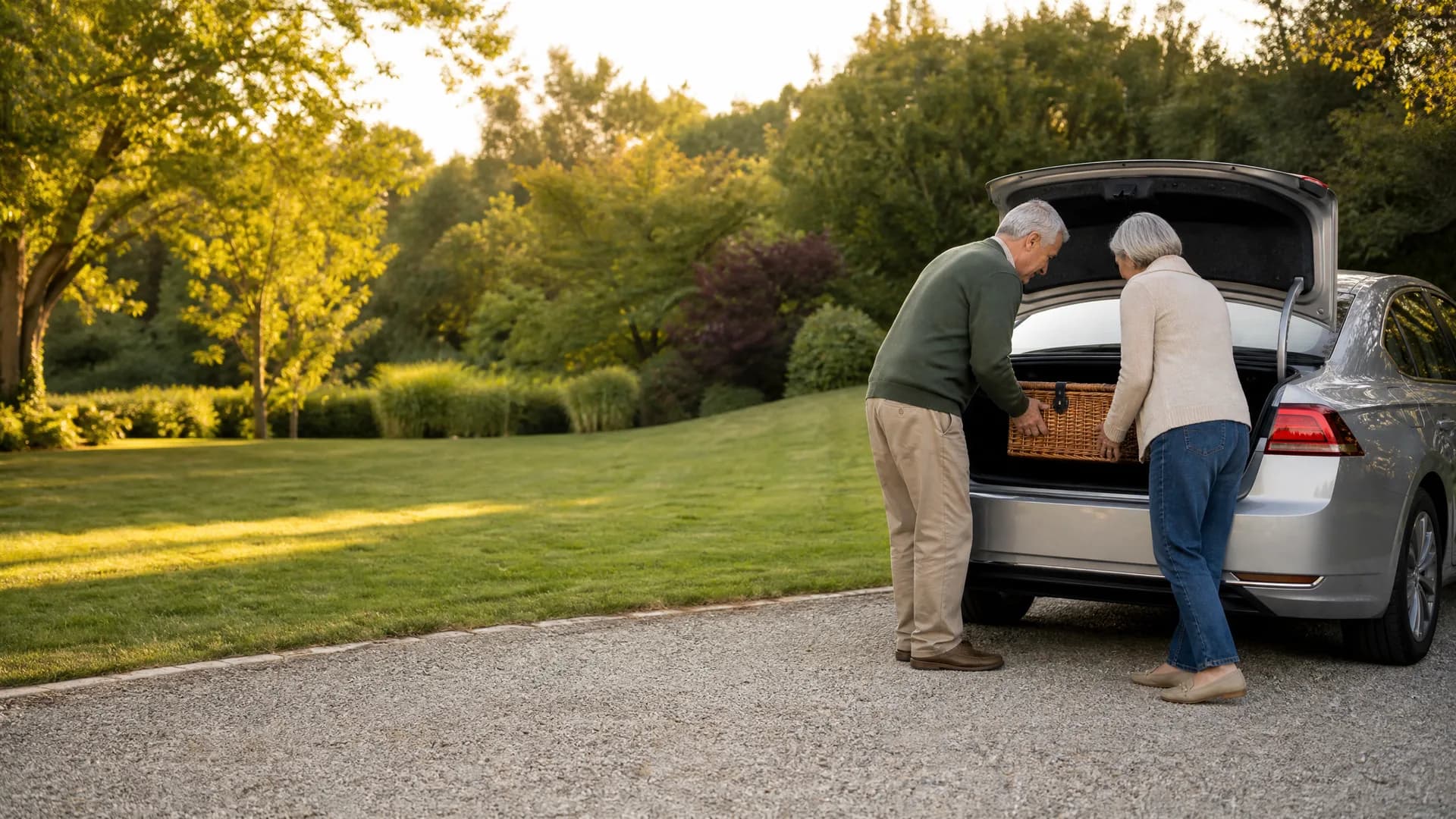An older man and woman load a wicker basket into the open trunk of a silver sedan parked on a gravel drive beside a lawn and trees.