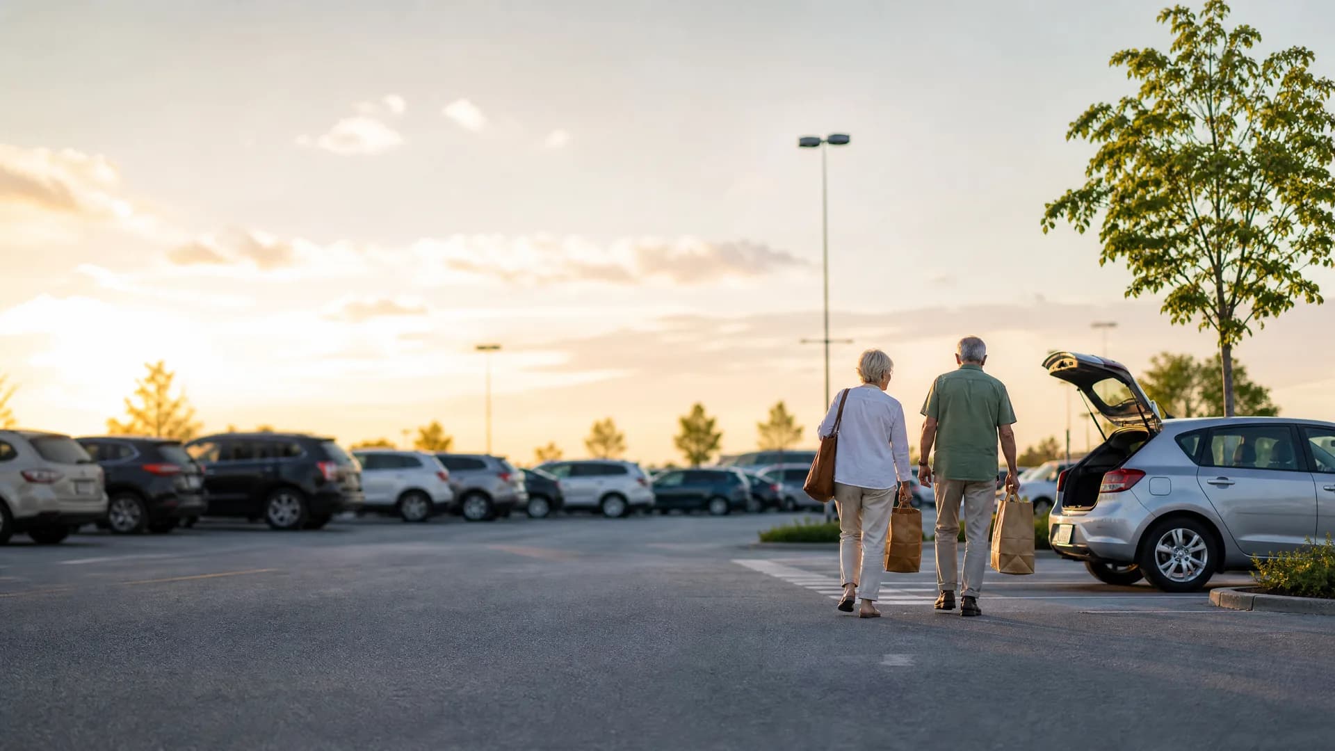 An older couple carrying paper shopping bags walks across a parking lot toward a silver hatchback with its rear hatch open, with rows of parked cars, light poles and trees under a hazy sunset sky.