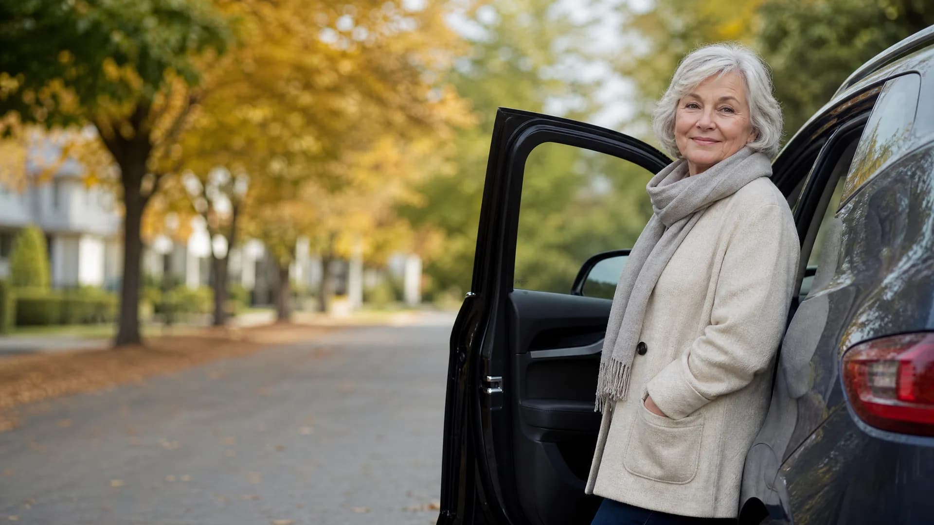 An older woman with white hair, wearing a cream coat and grey scarf, stands beside an open car door on a tree-lined residential street with yellowing autumn leaves.