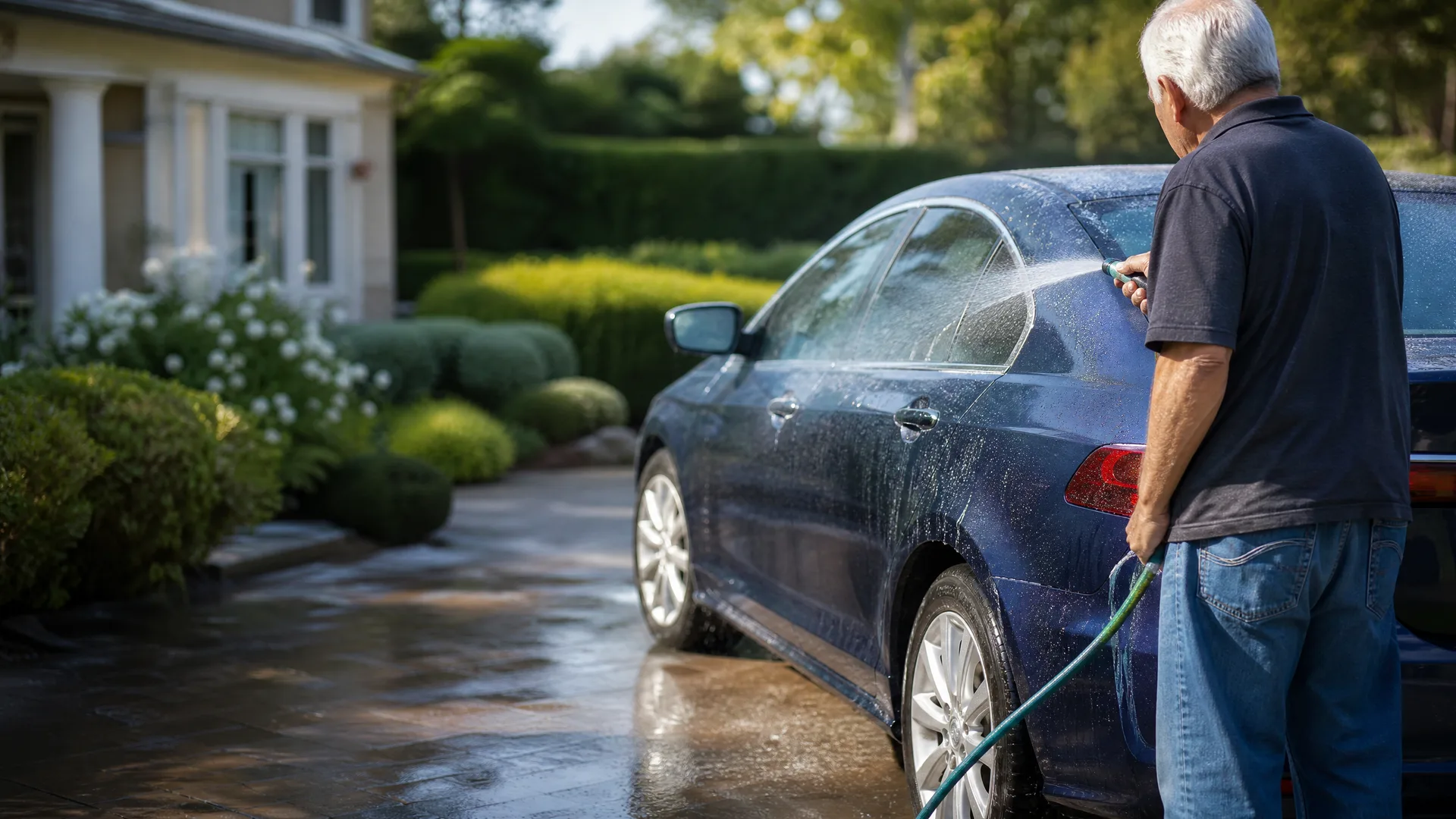 A gray-haired man in a dark polo shirt and jeans sprays a soapy dark blue sedan with a hose nozzle on a wet paved driveway beside hedges and a light-colored house.