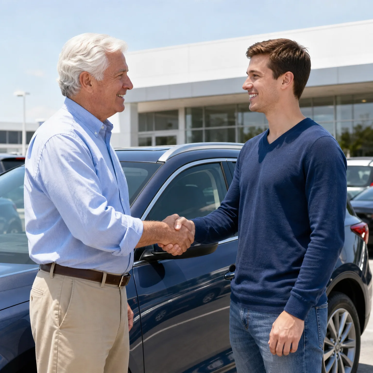 An older man in a light blue shirt and khaki trousers shakes hands with a younger man in a navy sweater and jeans beside a dark SUV in a lot outside a glass-fronted building.
