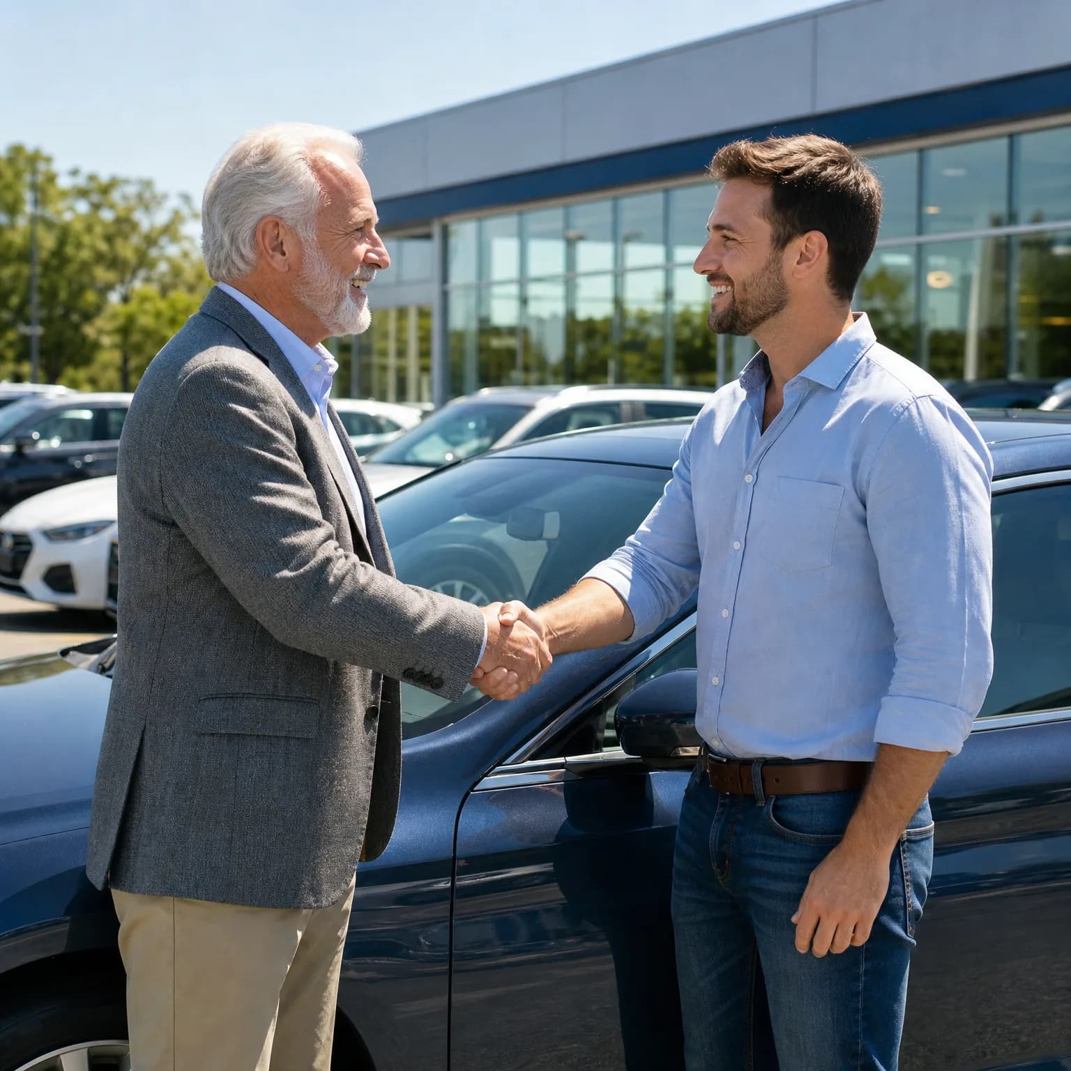 Two men shake hands beside a dark blue car in a paved lot in front of a glass-fronted building, with other parked vehicles behind them.