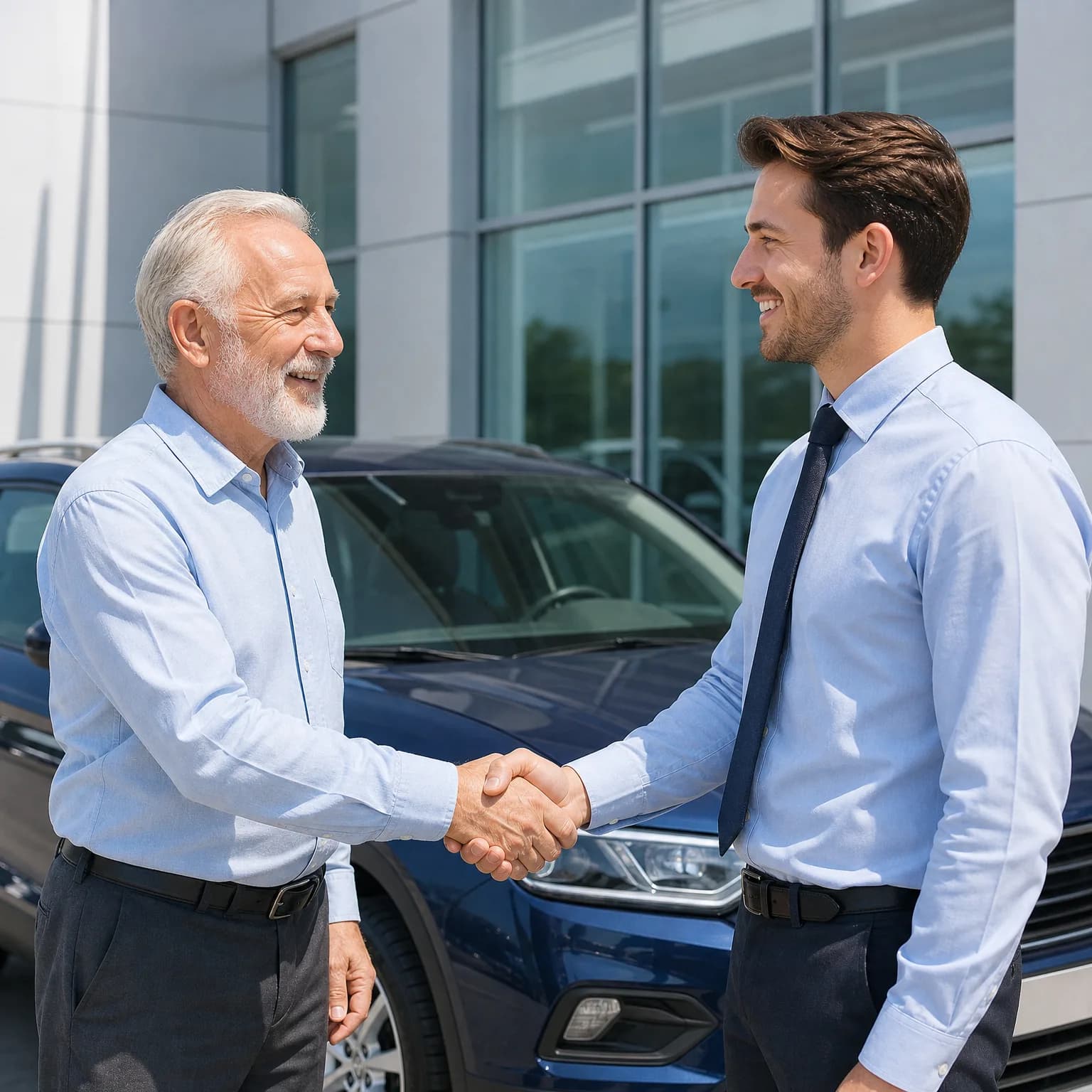 Two men in light blue shirts shake hands in front of a dark blue SUV parked outside a glass-fronted building.