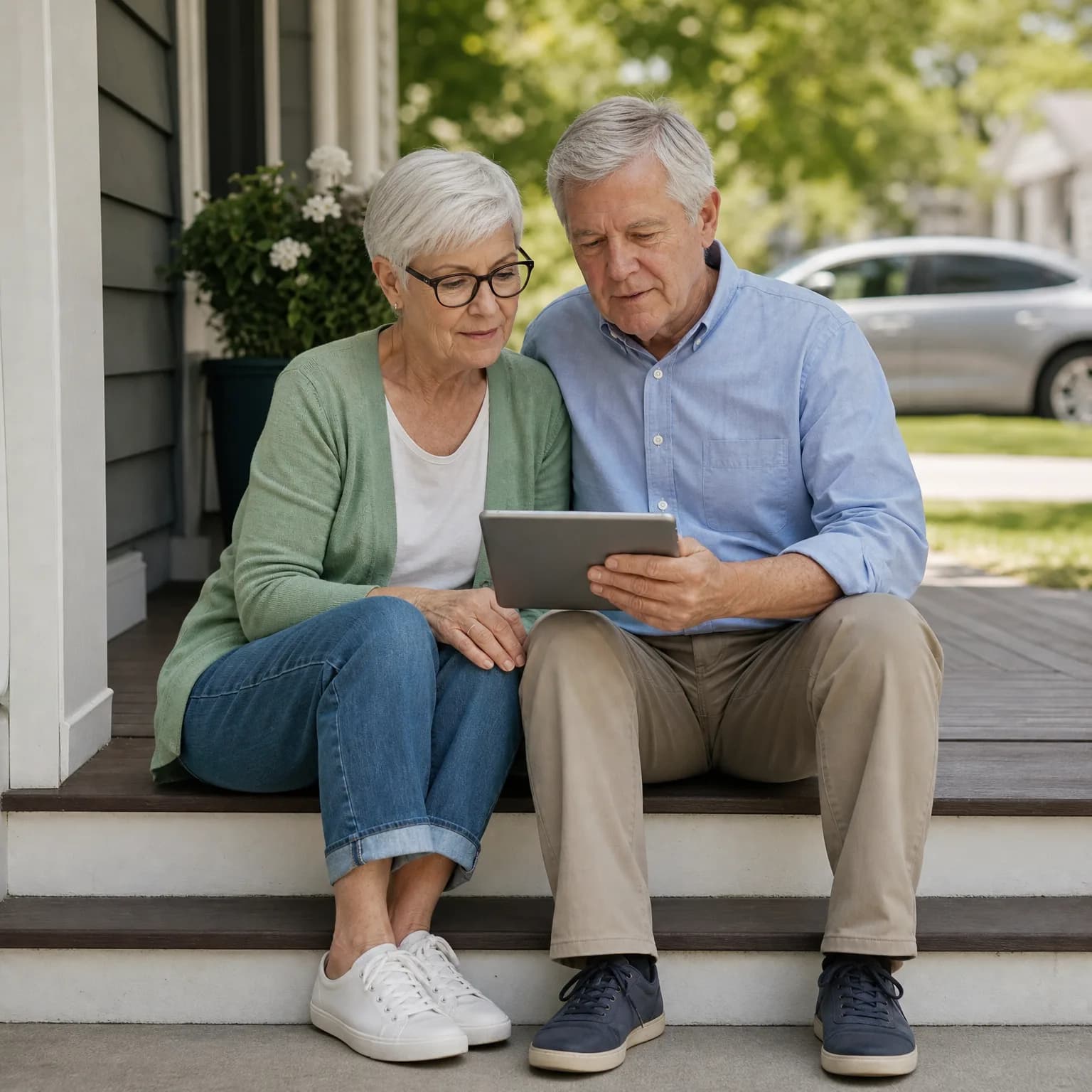 An older woman in a green cardigan and an older man in a light blue shirt sit together on porch steps looking at a tablet, with a parked car and trees in the background.
