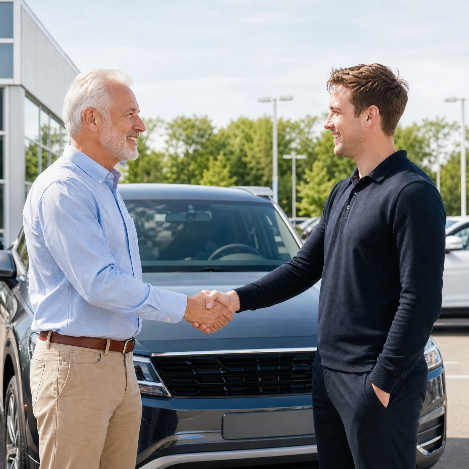 Two men shake hands in front of a gray SUV in an outdoor car lot, with trees, light poles and a glass-fronted building in the background.